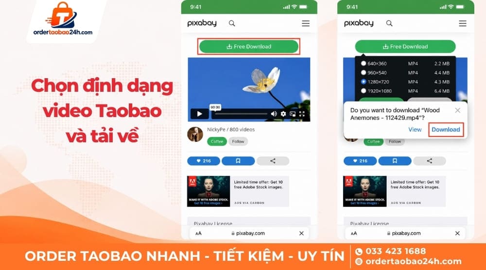 Chọn định dạng, chất lượng video Taobao tải về