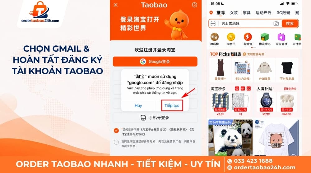 Chọn Gmail muốn tạo tài khoản Taobao