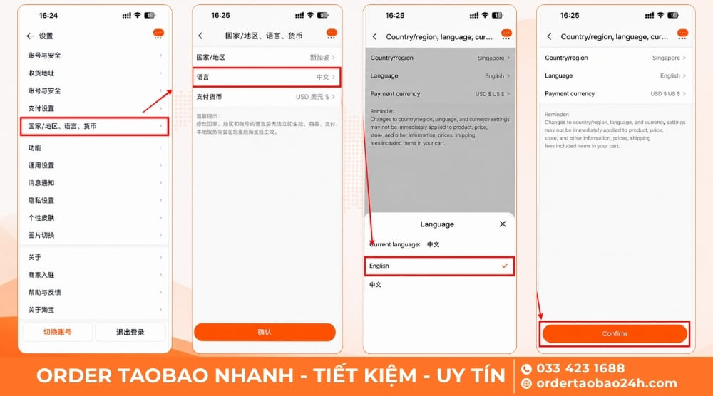 Chọn khu vực đổi ngôn ngữ Taobao sang tiếng Việt