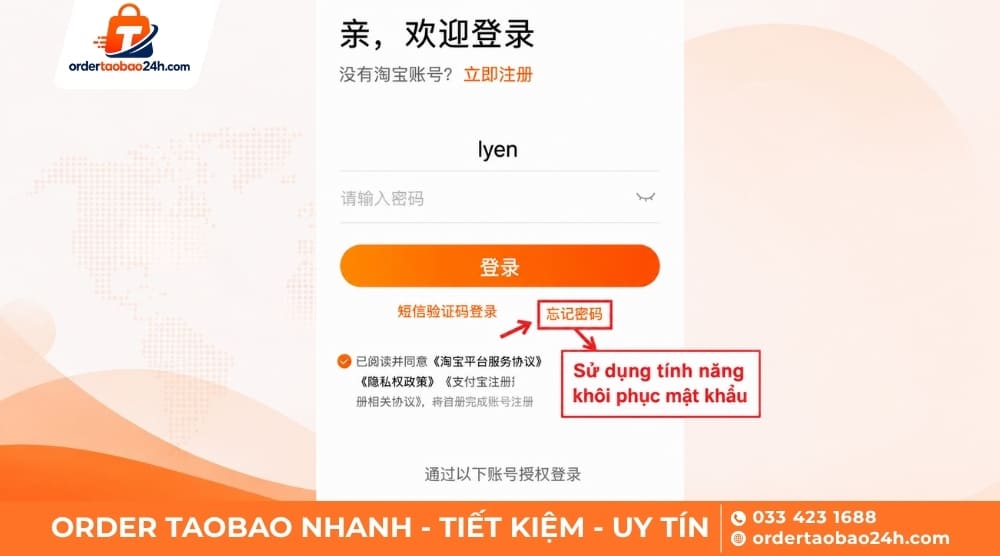 Chọn Quên mật khẩu để lấy lại tài khoản Taobao