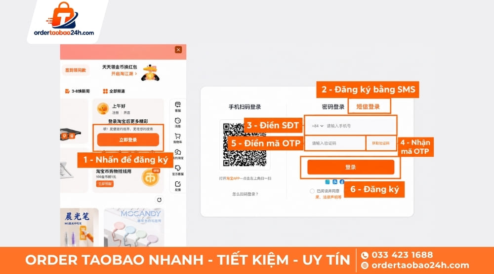 Đăng ký hoặc đăng nhập tài khoản order Taobao