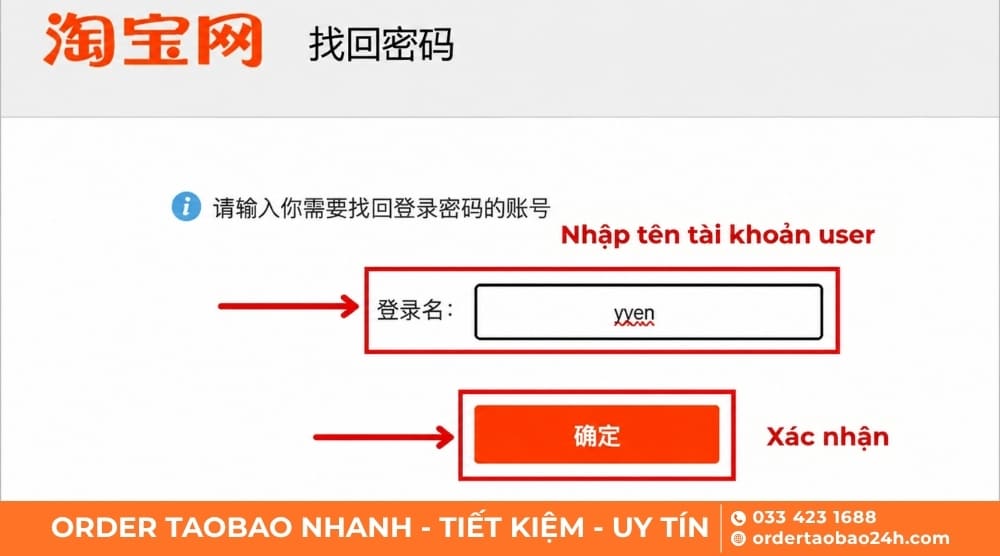 Nhập chính xác tài khoản Taobao cần khôi phục