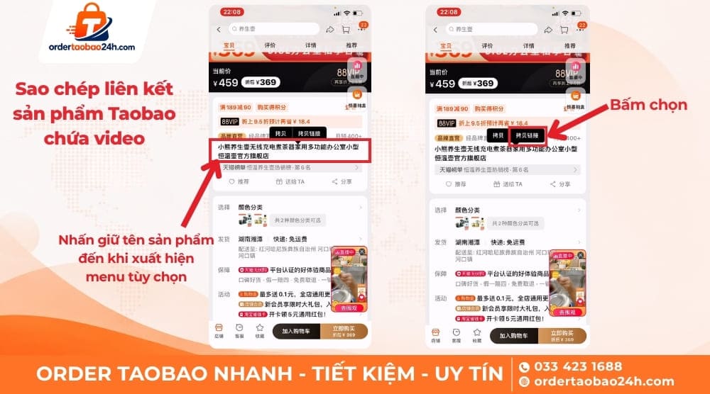 Sao chép link sản phẩm Taobao chứa video