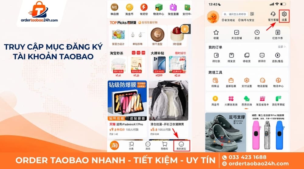 Vào Cài đặt chọn mục đăng ký tài khoản Taobao