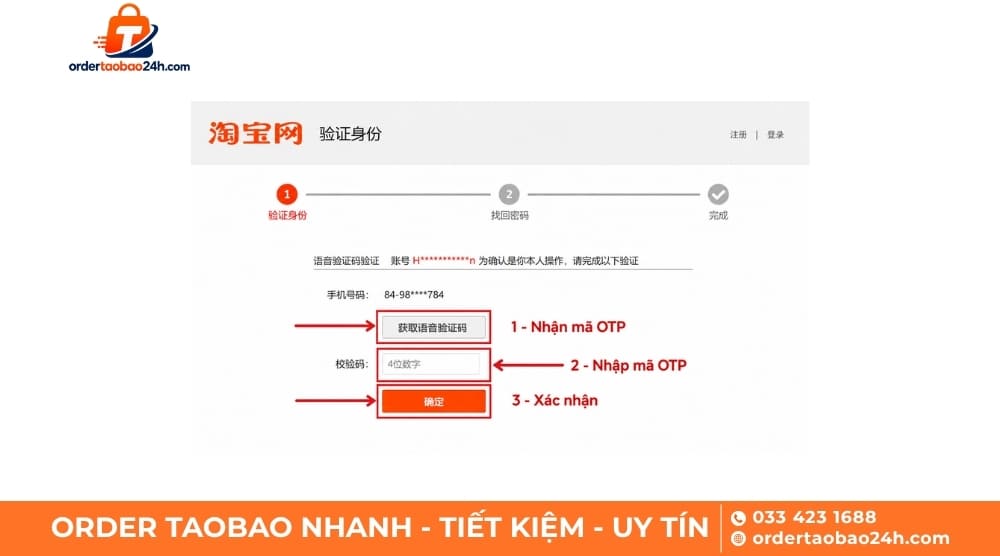 Xác minh tài khoản Taobao qua OTP gửi về điện thoại